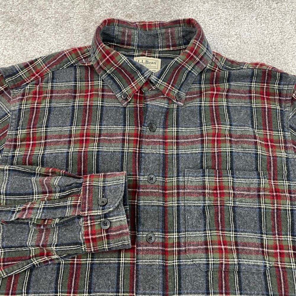 LL Bean Mens Medium Tall Flannel Traditional Fit Gray Red Plaid Button-Down Fall
